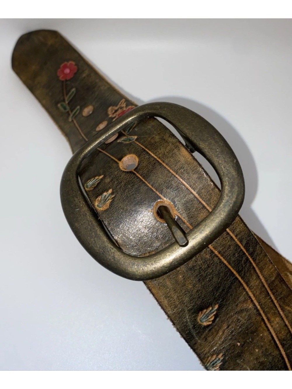 Vintage TYCHIOS LEATHER Belt-Brass Buckle-Hand Tooled/Painted-SZ 34-Portland, OR - Picture 5 of 9